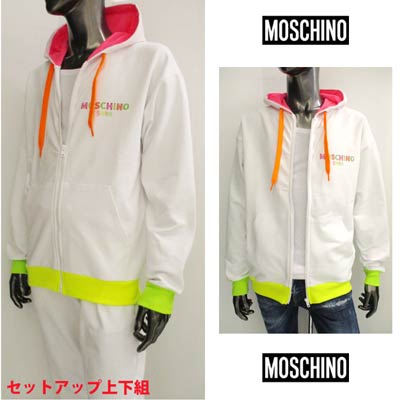 モスキーノ MOSCHINO メンズ トップス パンツ セットアップ上下組 ロゴ 2color フード裏/袖口部分ネオンカラー・チェスト部分ロゴプリント付セットアップジャージ 白/黒 A1702+A6701 2317 1/555 (R72600) 121 2021年春夏新作【送料無料】 【smtb-TK】