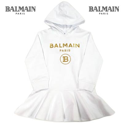 バルマン(BALMAIN)レディース 子ども こども ロゴ ※ワンピースとしても着用可能 裾フレアデザイン・スパンコールBALMAINロゴ付きパーカー 裾フリル フレアワンピース ホワイト