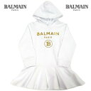 バルマン(BALMAIN)レディース 子ども こども ロゴ ※ワンピースとしても着用可能 裾フレアデザイン・スパンコールBALMAINロゴ付きパーカー 裾フリル ホワイト