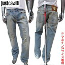 ジャストカバリ JUST CAVALLI メンズ ボトムス デニムパンツ ジーンズ ボタンロゴ刻印・バックロゴ・ダメージ加工入りデニムパンツ ブルー SO1050 82450 700 (R39900) 【送料無料】【smtb-tk】 8A