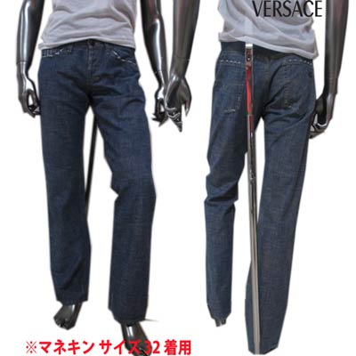 棉制裤子 - ヴェルサーチ VERSACE メンズ パンツ デニム サイドポケット バックポケット部分ロゴ刺繍あり フロントボタン刻印有 ブルー HY20N5 16634 700 (R34800) 04A 【送料無料】 【smtb-TK】
