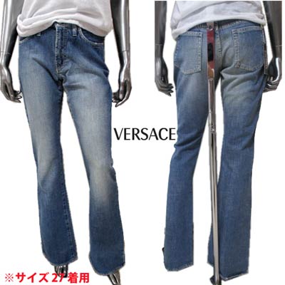 樂天商城 - ヴェルサーチ VERSACE レディース パンツ ボトムス ロゴ ポケット部分クラッシュ加工・メデューサ刻印リベット/ボタン・革パッチ付き裾フレアデニム ブルー FV6000 16633 700 (R27800) 03S 【送料無料】 【smtb-TK】