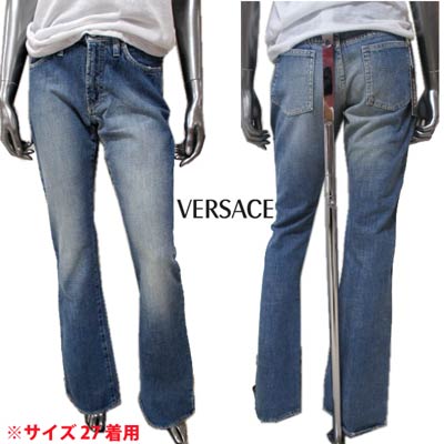 ヴェルサーチ VERSACE レディース パンツ ボトムス ロゴ ポケット部分クラッシュ加工・メデューサ刻印リベット/ボタン・革パッチ付き裾フレアデニム ブルー FV6000 16633 700 (R27800) 03S 【送料無料】 【smtb-TK】