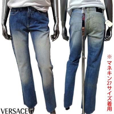 ヴェルサーチジーンズクチュール VERSACE JEANS COUTURE レディース ボトムス デニムパンツ ジーンズ バックレザーロゴパッチ・メデューサロゴ刻印ボタン付きフレアデニムパンツ ブルー EV6080 18911 700 (R26800) 【送料無料】【smtb-tk】