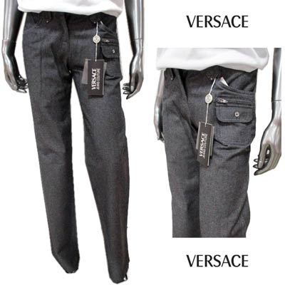 樂天商城 - ヴェルサーチ VERSACE レディース パンツ ボトムス ロゴ ボタンロゴ刻印・サイドポケット付きパンツグレー FV8110 21182 900 (R26800) 【送料無料】 【smtb-TK】