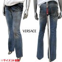 ヴェルサーチ VERSACE レディース パンツ ボトムス ロゴ ダーティー加工・メデューサロゴ刻印ボタン/メデューサロゴレザーパッチ付デニム ブルー JV60...