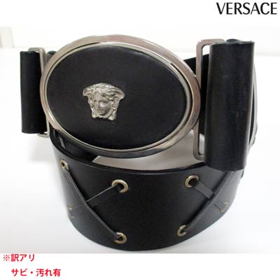 訳あり サビ/汚れ/劣化など有 ヴェルサーチ VERSACE メンズ 小物 ベルト ロゴ メデューサ刻印バックル付きレザーベルト 黒 B38212 VTI (R43800) 【送料無料】 【smtb-TK】