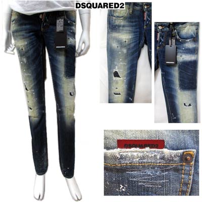 ディースクエアード DSQUARED2 レディース パンツ ボトムス デニム ロゴ ブリーチ/クラッシュ加工・ロゴパッチ付スリムデニムパンツ インディゴ ネイビー S72LA0634 S30309 470 (R71600) 14A【送料無料】 【smtb-TK】