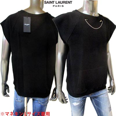 サンローランパリ SAINT LAURENT PARIS メンズ トップス スウェット トレーナー 半袖 袖カットオフデザイン・ネック部分ダメージ加工・チェーンネックレス付きスウェット 黒 330571 Y2BM1 1000 (R118000) WA13S 【送料無料】 【smtb-TK】