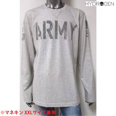 ハイドロゲン HYDROGEN メンズ トップス ロンT 長袖 ロゴ 前Vガゼット・ARMYダメージロゴプリント・アーム部分ロゴプリント付きロングTシャツ グレー 158022 015 GREY (R16420) 14A 【送料無料】 【smtb-TK】