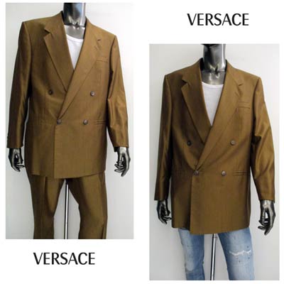 ヴェルサーチ VERSACE メンズ アウター ジャケット スーツ ロゴ シルク混・VERSACEロゴ刻印ボタン・ダブルジャケットセットアップスーツ ブラウン 28S5K6 5Z204 260 (R158000) 【送料無料】 【smtb-TK】
