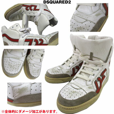 ディースクエアード DSQUARED2 メンズ 靴 スニーカー ハイカットスニーカー ロゴ ダメージ加工・DSQUARED2ロゴ入りハイカットスニーカー 白 SN405 V065 10 13S (R79800)【送料無料】【smtb-TK】