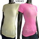 ヴェルサーチ VERSACE レディース トップス ロゴ 2color メデューサロゴ・VERSACEシースルーロゴ入りタイトTシャツ ピンク/イエロー(アイボ...