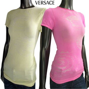 ヴェルサーチ VERSACE レディース トップス ロゴ 2color メデューサロゴ・VERSACEシースルーロゴ入りタイトTシャツ ピンク/イエロー(アイボリー) 35583 114873 080/001 (R18800) 5S【送料無料】 【smtb-TK】