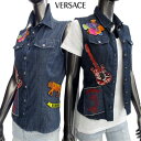 ヴェルサーチ VERSACE レディース ノースリーブ シャツ 半袖 マルチワッペン・メデューサ刻印ボタン付きショート丈デニムノースリーブシャツ ネイビー JV...