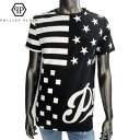 フィリッププレイン PHILIPP PLEIN メンズ Tシャツ 半袖 トップス スター/ライン・PP/PHILIPP PLEINロゴ入りラウンドネックTシャツ...