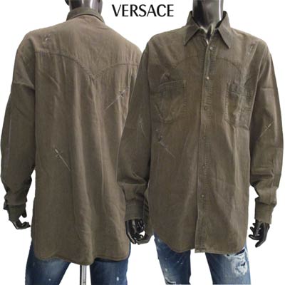 ヴェルサーチ VERSACE メンズ トップス シャツ 長袖 ロゴ ユーズド加工・ソード(剣)刺繍・VERSACEミニタグ付カジュアルシャツ ブラウン IV1605 28419 700 (R50900) 4A【送料無料】 【smtb-TK】