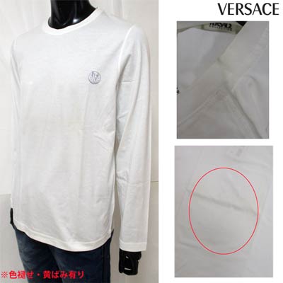 ヴェルサーチ VERSACE メンズ トップス ロンT ロゴ ※訳アリ 色褪せ・黄ばみ・汚れ有り チェスト部分Vロゴ刺繍入りロングTシャツ ホワイト VZJG0L 5W302 105 (R12800) 7S【送料無料】 【smtb-TK】