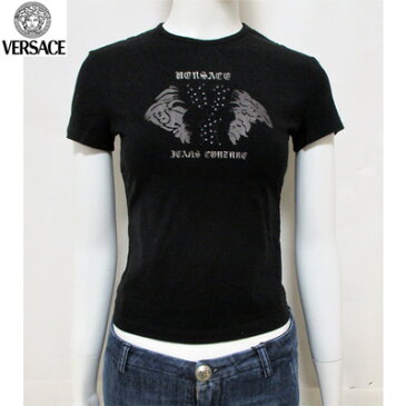 ヴェルサーチ(Versace) Tシャツ トップス レディース 半袖 クルーネック ライトストーン シースルーハーフメデューサ　メデゥーサ ロゴ ブラック 黒 HV87BB 21431 900 (R20520)【楽ギフ_包装】【smtb-tk】【送料無料】 4S