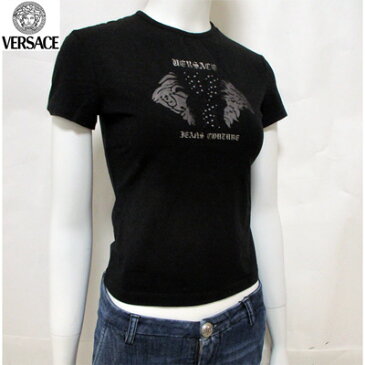 ヴェルサーチ(Versace) Tシャツ トップス レディース 半袖 クルーネック ライトストーン シースルーハーフメデューサ　メデゥーサ ロゴ ブラック 黒 HV87BB 21431 900 (R20520)【楽ギフ_包装】【smtb-tk】【送料無料】 4S