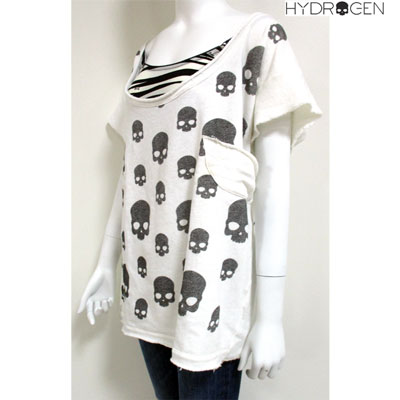 ハイドロゲン HYDROGEN レディース 総柄スカル・裾ダメージ加工カットソー 総柄スカル 半袖Tシャツ　チュニック丈　ダメージ加工 ホワイト 白 121102 001 DB13S (R37800)【送料無料】 【smtb-TK】