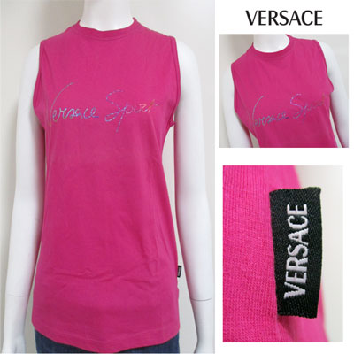 ヴェルサーチ VERSACE レディース ネオンカラーフロントロゴ付ノースリーブTシャツ ロゴ ネオンカラー ショッキングピンク 30876 111934 520XTU 0040 (R10800) 4S【送料無料】 【smtb-TK】