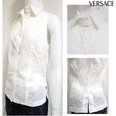 ヴェルサーチ VERSACE レディース サイド刺繍サイドスリット入り半袖シャツ FVM601 13410 001 XTU 00128 (R28800) 3S