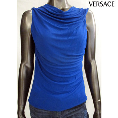 ヴェルサーチ VERSACE レディース 背中開きノースリーブシャツ タグ44表記(Mサイズ程) 訳アリ 内タグ欠損有 青 34020 179XTU 0058 (R24800) 4S