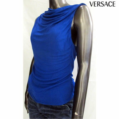 ヴェルサーチ VERSACE レディース 背中開きノースリーブシャツ タグ44表記(Mサイズ程) 訳アリ 内タグ欠損有 青 34020 179XTU 0058 (R24800) 4S