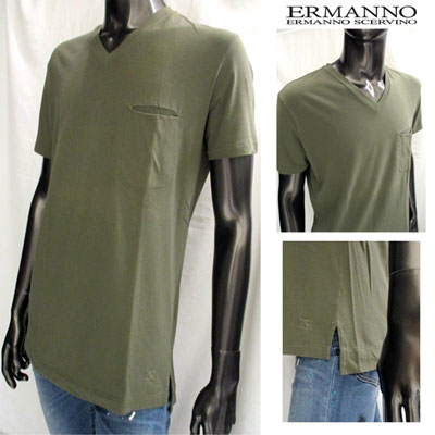 樂天商城 - エルマンノシェルビーノ ERMANNO SCERVINO メンズ トップス Tシャツ 半袖 ポケット付き・裾ブランドロゴ刺繍入りVネックカットソー グリーン 緑 1325857 45 SCE XTU542 069 H1211(R54600) IT10S