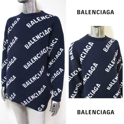 【楽天市場】【完売】バレンシアガ BALENCIAGA メンズ トップス ニット セーター ロゴ ユニセックス可 総柄BALENCIAGA斜線ロゴ付クルーネックニット ネイビー 620983