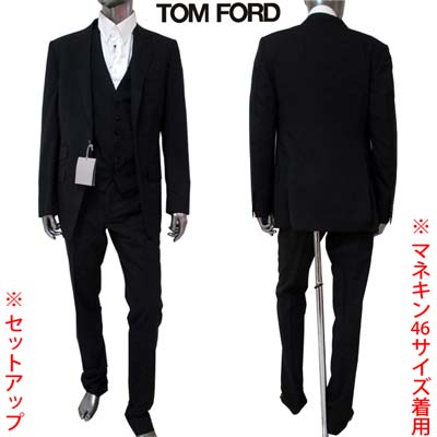トムフォード TOM FORD メンズ スーツ セットアップ ベスト ジャケット パンツ ロゴ マルチポケット付き3ピースウールセットアップビジネススーツ ブラ...