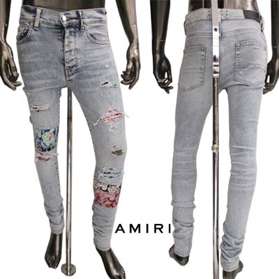 アミリ AMIRI メンズ パンツ ボトムス デニム ロゴ クラッシュ加工・クラッシュ部分マルチ柄当て布/パッチワークデザイン・レザーロゴパッチ付クラッシュデニム MDS065 489 LT VINTAGE (R181500) 122 秋冬【送料無料】 【smtb-TK】