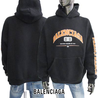 バレンシアガ BALENCIAGA メンズ トップス フーディ ユニセックス可 BALENCIAGA・BBロゴ/左アーム部分ランゲージ部分ヴィンテージ風ひび割れ加工プリント入り裏起毛パーカー 黒 675003 TLVJ2 1074 (R143000) 221 春夏新作 【送料無料】 【smtb-TK】