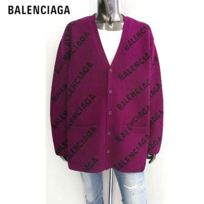 バレンシアガ BALENCIAGA メンズ トップス ニット カーディガン ロゴ ユニセックス可 総柄BALENCIAGAスラッシュブラックロゴ・ボタンロゴ入りウールカーディガン パープル 659676 T1567 5272 (R169400) 221 2022年春夏新作 【送料無料】 【smtb-TK】