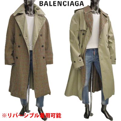 バレンシアガ BALENCIAGA メンズ アウター コート ジャケット リバーシブル着用可 ウエストベルト・表地ボタンロゴ刻印/安全ピン・裏地総柄チェック柄入りウールロングコート ベージュ/ブラウン 681169 TLU23 9378 (R452100) GB221 2022年春夏新作 【送料無料】 【smtb-TK】