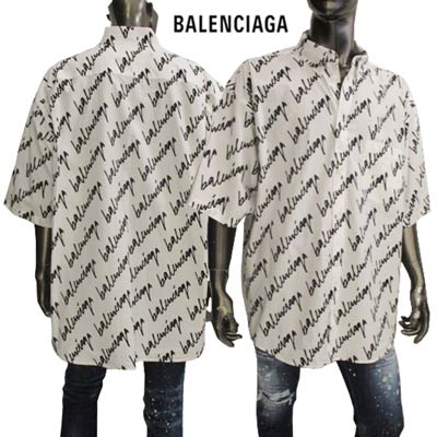 バレンシアガ BALENCIAGA メンズ トップス シャツ カジュアルシャツ 半袖 ユニセックス可 ロゴ 総柄BALENCIAGAスラッシュロゴ・ボタンロゴ刻印付きカジュアルシャツ ホワイト 681702 TLLJ4 9040 (R137500) 221 2022年春夏新作 【送料無料】 【smtb-TK】