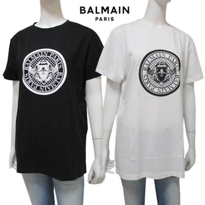 バルマン(BALMAIN)※メンズ・大人着用可(16Y:メンズS相当) ユニセックス可 フロントBALMAINメダリオンロゴ入りTシャツ ホワイト/ブラック