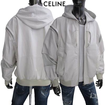 セリーヌ CELINE メンズ アウター ジャケット ロゴ ジップCELINEロゴ刻印・フード裏/アーム/サイド/フロント部分メッシュ加工付きレザージャケット ホワイト 2EB30 577H 01OP (R649000) GU221 2022年春夏新作 【送料無料】 【smtb-TK】