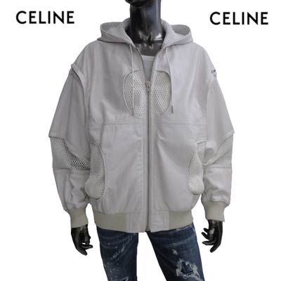 セリーヌ CELINE メンズ アウター ジャケット ロゴ ジップCELINEロゴ刻印・フード裏/アーム/サイド/フロント部分メッシュ加工付きレザージャケット ホワイト 2EB30 577H 01OP (R649000) GU221 2022年春夏新作 【送料無料】 【smtb-TK】