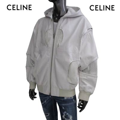 セリーヌ CELINE メンズ アウター ジャケット ロゴ ジップCELINEロゴ刻印・フード裏/アーム/サイド/フロント部分メッシュ加工付きレザージャケット ホワイト 2EB30 577H 01OP (R649000) GU221 2022年春夏新作 【送料無料】 【smtb-TK】