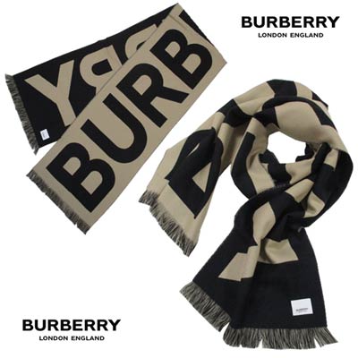 バーバリー マフラー（レディース） バーバリー BURBERRY レディース 小物 マフラー ストール ロゴ ユニセックス可 ビックBURBERRYロゴ 反対面色反転ロゴ フリンジ ベージュ/ブラック 8057147 124582 A7026 (R59800/R50600) 222 2022年秋冬新作 【送料無料】 【smtb-TK】