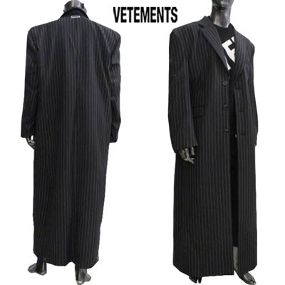 ヴェトモン VETEMENTS メンズ アウター コート ジャケット ロゴ ストライプ柄・バックネック部分VETEMENTSロゴ入りロング丈ウールコート ブラック UA53CO300S BLACK (R383900) 222 2022年秋冬新作 【送料無料】 【smtb-TK】