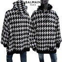 バルマン BALMAIN メンズ トップス パーカー フーディ ロゴ 総柄ハウンドトゥース柄 前裾部分BALMAINロゴ ドローストリング金具部分マルチロゴ刻印...