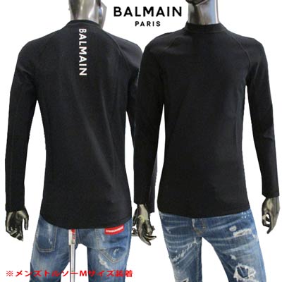 バルマン BALMAIN メンズ トップス Tシャツ ロンT 長袖 ロゴ バックホワイトBALMAINロゴ入りクルーネックナイロンロングTシャツ ブラック BWM020670 001 (R53900) 222 2022年秋冬新作 【送料無料】 【smtb-TK】