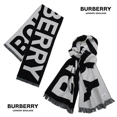 バーバリー マフラー（メンズ） バーバリー BURBERRY レディース 小物 マフラー ストール ロゴ ユニセックス可 ビックBURBERRYロゴ・反対面色反転ロゴ・フリンジ付きウールマフラー ホワイト/ブラック 8054214 134539 A1189 (R50600/R52800) 222 2023年秋冬新作 【送料無料】 【smtb-TK】