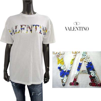 ヴァレンティノ VALENTINO Tシャツ レディース 半袖 トップス ロゴ フロントマルチカラースパンコールロゴ付きコットンTシャツ ホワイト 2B3MG20V 7T7 0BO (R137500) 321 2023年春夏新作 【送料無料】 【smtb-TK】