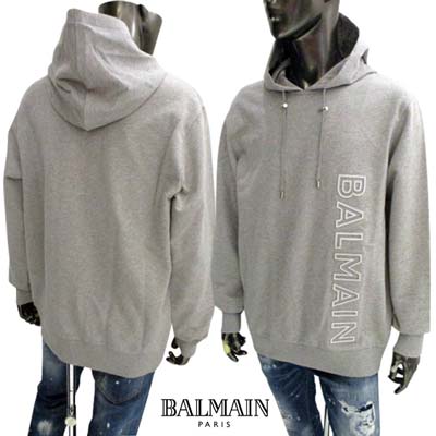 バルマン(BALMAIN)メンズ パーカー セットアップ着用可(ボトムス別売り) レフトサイドバーティカルロゴ部分エンボス加工/プリント付きプルオーバーパーカー