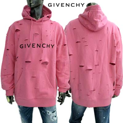 ジバンシー GIVENCHY メンズ トップス パーカー フーディ スウェット フロントブラックロゴ・全体ダメージ加工入りプルオーバーパーカー ピンク BMJ0KF3 Y9V 670 (R196900/R214500/R226600) 321 2023年秋冬新作 【送料無料】 【smtb-TK】