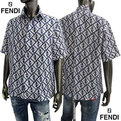 フェンディ FENDI メンズ トップス シャツ 半袖 カジュアルシャツ ※セットアップ着用可(ボトムス別売り) 総柄ダイアゴナルストライプFFズッカ柄・ロゴボタン付きリネンシャツ ブルー FS0795 AN0K F0V6W (R121000) GB321 2023年春夏新作 【送料無料】 【smtb-TK】